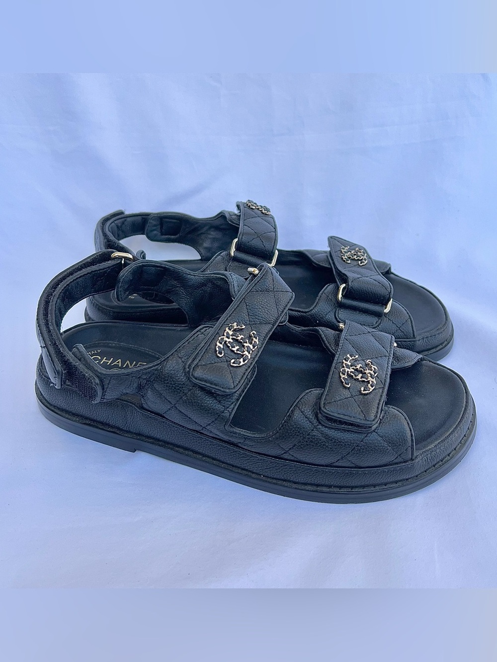 CHANEL Women's Black Leather Quilted Dad CC Slide Birkenstock Sandals Size 38 - Picture 3 of 12